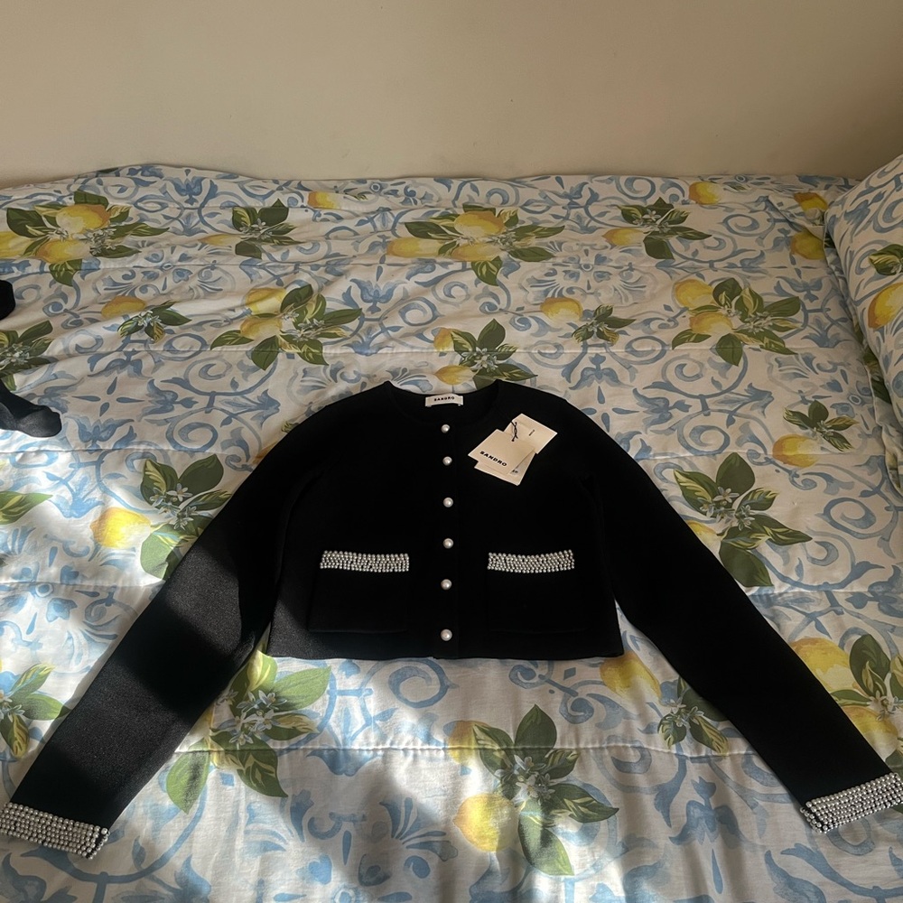 Sandro Black Cropped Cardigan with Crystal Trim - Picture 15 of 15